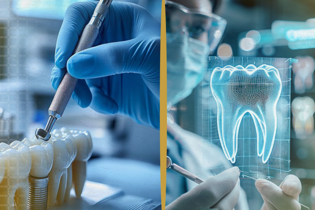 An image illustrating the comparison between traditional and digital dental implant techniques, with the left side showing a tool working on a physical dental model, and the right side displaying a 3D digital model of a tooth.