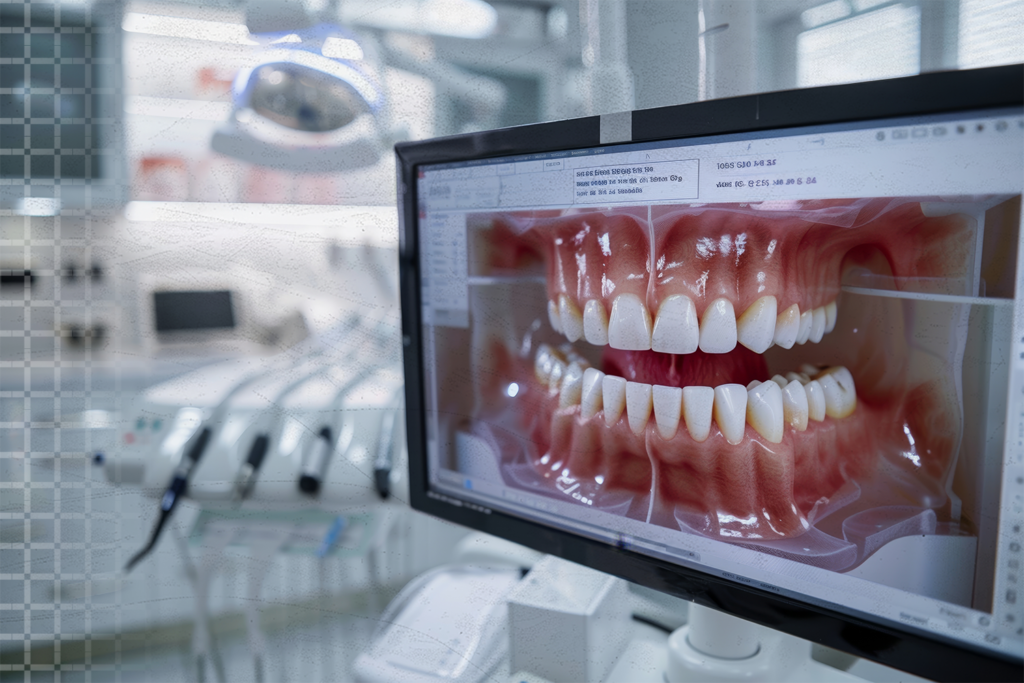 A dental clinic setup showing a computer screen displaying a detailed 3D model of a patient's teeth and gums for a digital implant procedure.